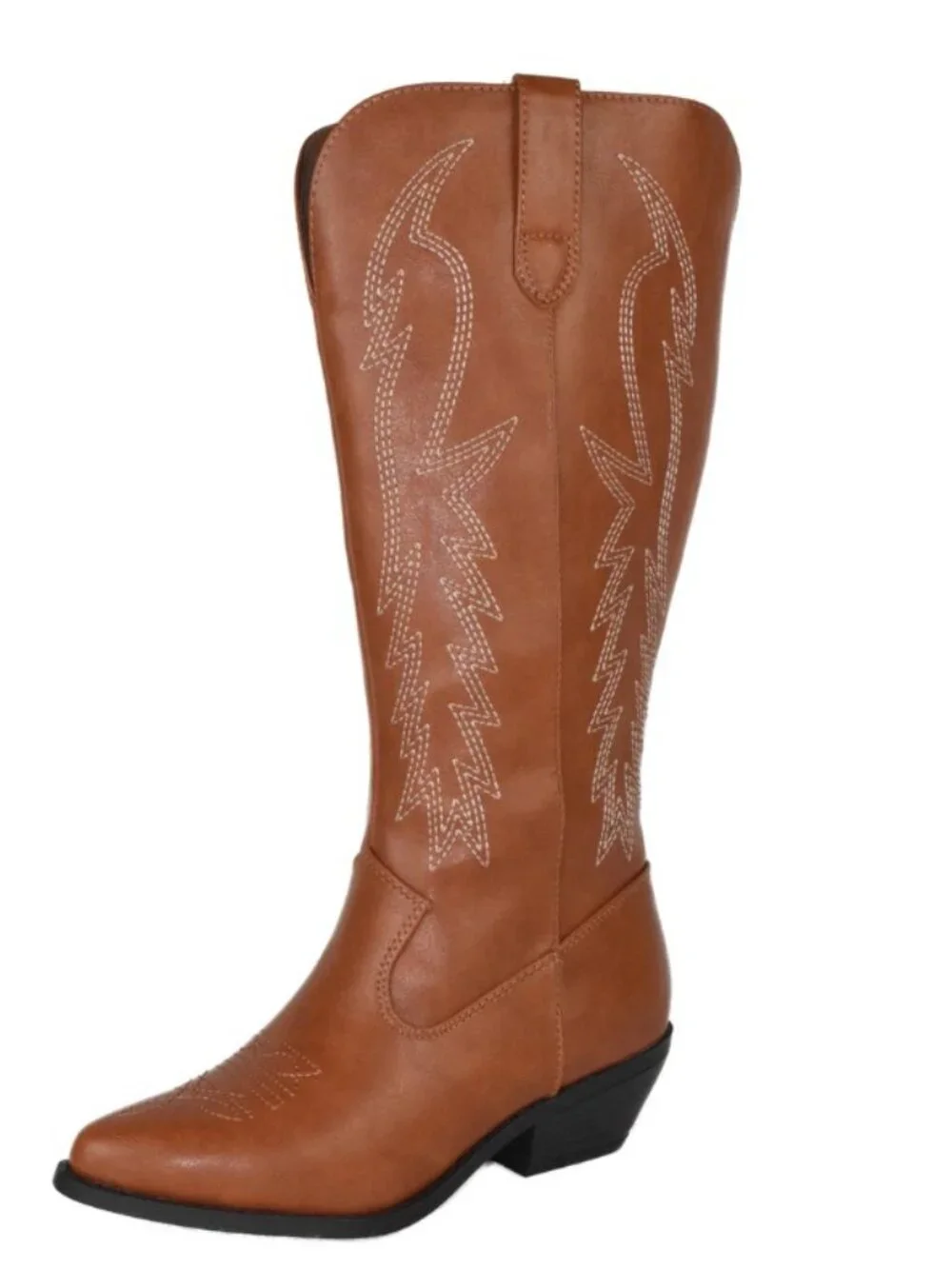 Soda Cognac Western Knee-High Boot with Embroidered Detail